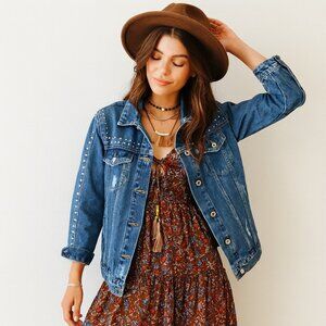 Zara Trafaluc TRF Studded Denim Jacket Distressed Medium Wash Blue Size M – Y2K